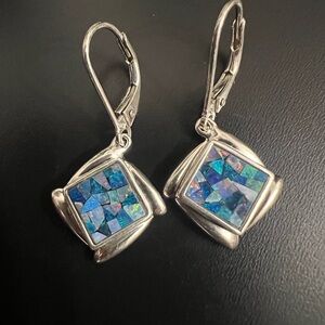 Vintage sterling silver opal mosaic inlay lever backed earrings